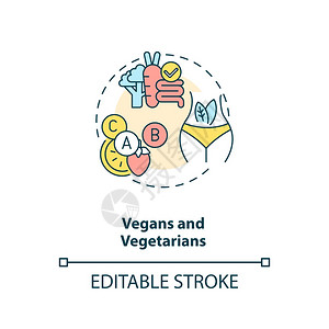 维他命和素食者概念图标辅助人员需要了解细线插图植物饮食维生素B12缺乏矢量孤立大纲RGB彩色绘图可编辑的中风食素和者概念图标背景图片