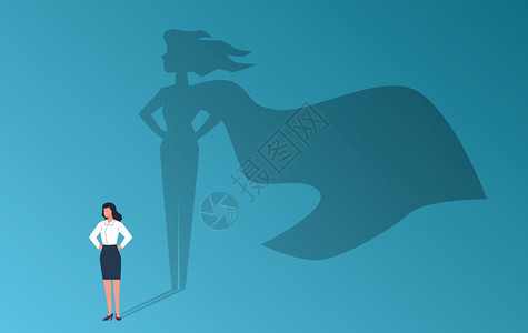 拥有超级英雄影子的女商人自信强大妇女解放和权主义象征赋予潜力领导职业抱负和成功矢量平板卡通概念自信的妇女领导职业和成功卡通概念图片