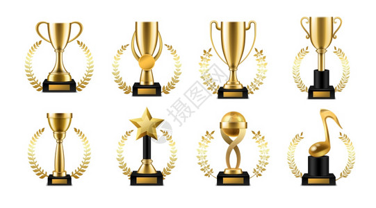 金色杯子和真实的金色运动或音乐获奖者项颁仪式获者花圈框架收藏的胜利杯领导力和成功3D矢量组合的象征和成功3D矢量组合金色杯子运动图片