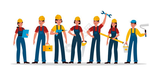 建筑工人组头盔和制服的建筑行业人员小组工匠技术员和建筑工机械有锯具锤子和燕病媒字符的男女建筑工人组头盔带锯具背景图片