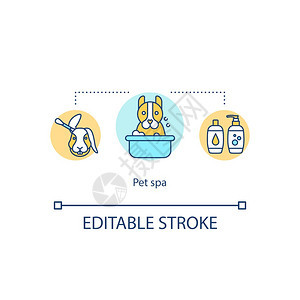 宠物疗养院概念图标动物护理耳清洁和洗澡宠物培养服务设想细线插图矢量孤立大纲RGB彩色绘画可编辑的中风背景图片
