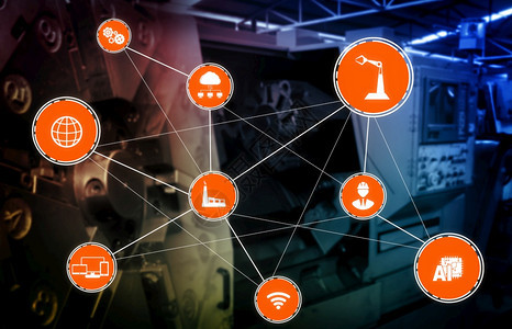 40技术概念第四次工业革命智能厂图示显自动化系统使用机器人和通过互联网络控制的自动机械图片