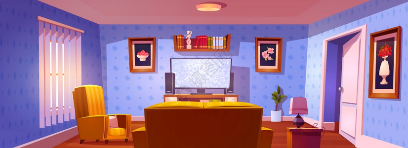 室内客厅后视沙发椅子和光的电视屏幕用黄色沙发等离子电视书架和墙上图片展示休息室的矢量漫画图片