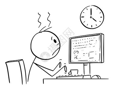 矢量漫画棍图绘制疲劳或受挫的办公室工作人员男子或商在计算机上长时间加班和看墙钟的概念插图Vector卡通IConstrucati图片