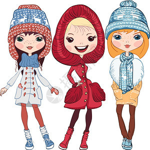 穿着大衣编织帽子围巾和冬手套的时装女郎冬季的时装女郎图片