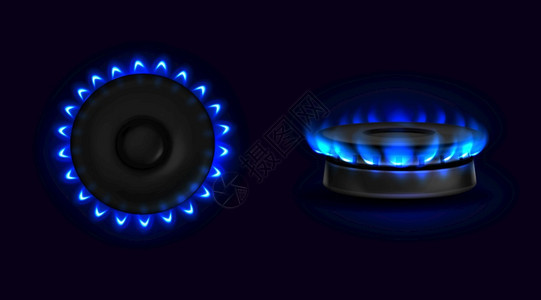 燃煤气炉用蓝色火焰顶和侧视图烧燃煤气炉用烧的灶点火烧煤丙烷丁火焰烧烤炉用黑色背景隔离的照明炉灶用现实的三维矢量图图片