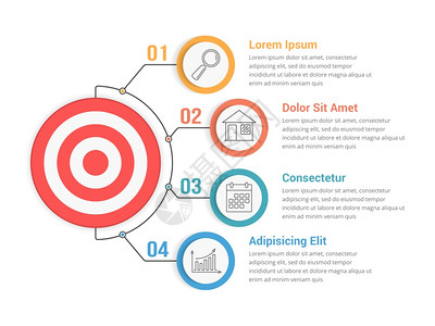 具有四个步骤或选项的目标工作流程图矢量eps10插图图片