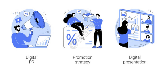 在线营销运动抽象概念矢量图集数字PR促进战略数字展示名声管理客户忠诚品牌意识抽象比喻在线营销运动抽象概念矢量图集图片