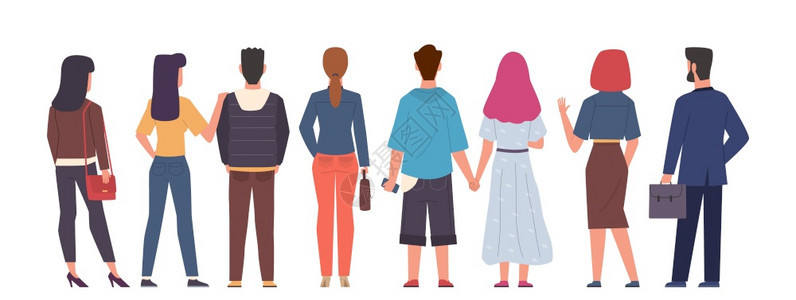 人群的男女站在不同背面夫妇拥抱和握手男女从背面与袋的平式矢量隔离概念人群的背面男女站在不同背面男女从的矢量概念图片