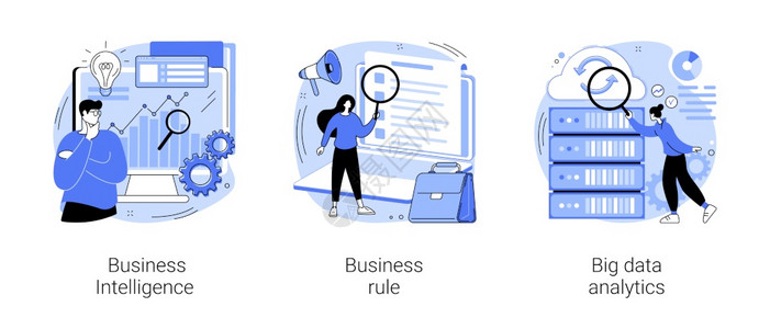 商业情报和规则大数据分析应用软件数据管理抽象比喻企业战略发展抽象概念矢量说明插画