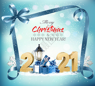 圣诞快乐和新年背景2021年及礼品盒和蓝丝带图片