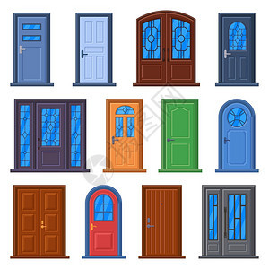 现代门前房屋建筑物或间门封闭建筑物的内外门矢量插图用木材和玻璃窗户的多种请求图片