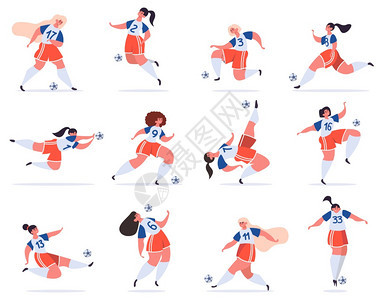 足球女运动员队运动员踢足球女运动员踢足球女运动员玩足球矢量插图的女孩参加比赛的人体育锦标赛女足球运动员玩足球矢量插图的女孩图片