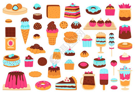 甜点面包食松饼蛋糕冰淇淋手画糖果巧克力棒和玛卡龙甜食蛋糕和点食矢量插图集甜食面包糖果甜食矢量插图集图片