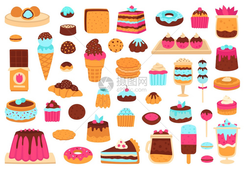 甜点面包食松饼蛋糕冰淇淋手画糖果巧克力棒和玛卡龙甜食蛋糕和点食矢量插图集甜食面包糖果甜食矢量插图集图片
