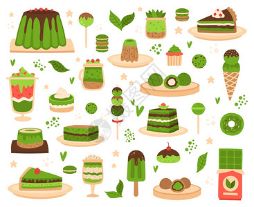 辣椒甜点日本粉产品莫奇冰淇淋蛋糕马卡龙和布丁火辣甜品和糕点矢量插图绿色面包作为馅饼巧克力棒火辣甜点品和糕矢量插图图片