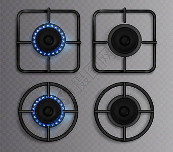 用蓝色火焰燃煤气器用点火和的厨房炉灶矢量现实的圆形和标准黑色钢板炉子用于在透明背景下隔离的烹饪顶部视图图片