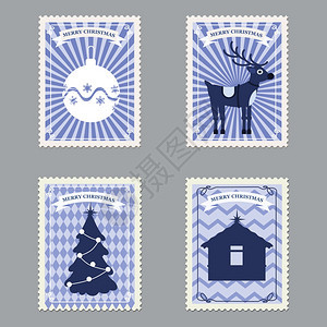 设置圣诞快乐回溯邮票设置圣诞快乐回溯邮票并配有圣诞树礼物鹿矢量插图图片