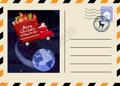 圣诞和新年贺卡印有邮票和记凡在夜空中飞过圣诞节和新年贺卡印有邮票和记凡在地球圣诞老人上方的夜空中飞过作为送礼物的司机图片