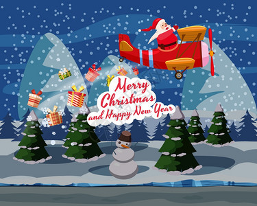 圣诞老人乘坐逆向飞机在夜空中送礼物圣诞老人乘坐逆向飞机在冬季风景的夜空中送礼物图片