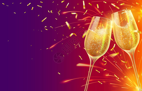 新年快乐盛装香槟眼镜的节庆横幅配有两杯葡萄酒配有闪亮的葡萄酒和金蛋白质矢量概念举杯庆祝香槟圣诞红酒新年快乐配有香槟眼镜的欢庆新年图片