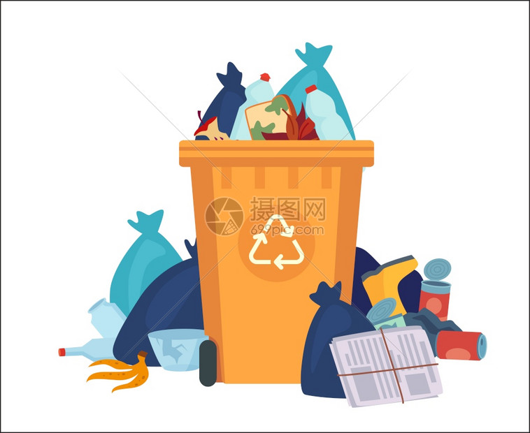 垃圾箱装有塑料袋和垃圾的回收容器过溢矢量回收可能堆积塑料废物街头垃圾倾倒污染箱堆篮子插图全垃圾箱病媒回收可能堆积塑料废物图片
