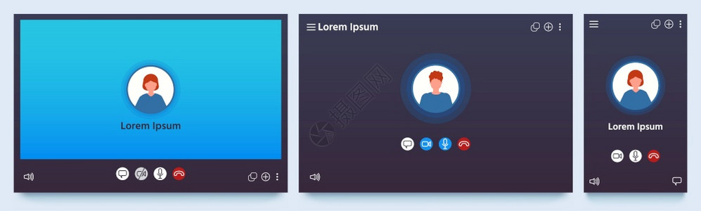 视频呼叫界面WebchatUI屏幕模拟电话申请和在线会议通信窗口矢量设置说明视频界面屏幕通信会议网络聊天UI屏幕模拟电话和在线会图片