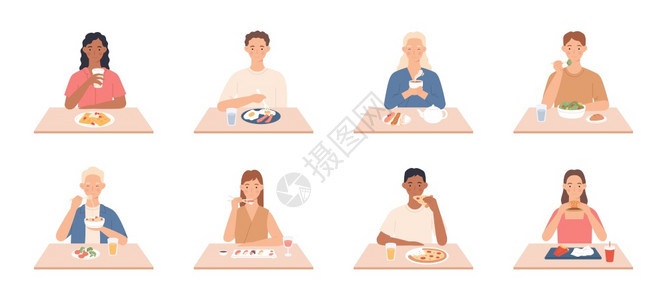 人们吃男和女着美味的饭朋友坐在餐厅咖啡的桌边吃着不同的美味病媒女人和男吃着食物美味的午餐或晚插图人们吃着不同的美味餐盘卡通矢量图片