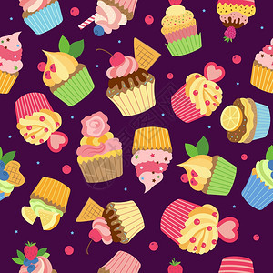 Cupcake模式配有糖浆巧克力奶油和水果矢量彩色纺织品设计的甜面包产品配有糖浆巧克力奶油和水果矢量彩色纺织品设计蛋糕奶油甜点樱图片