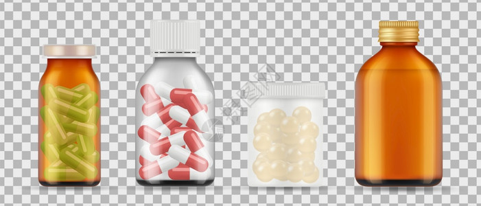 现实药瓶病媒物在透明背景下孤立的药物收集用瓶物丸和图片