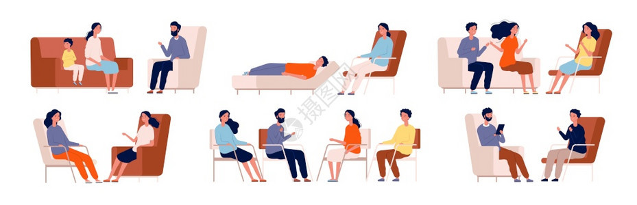 专业心理治疗谈话咨询插图学家团体治疗沙发医咨询家庭角色背景图片