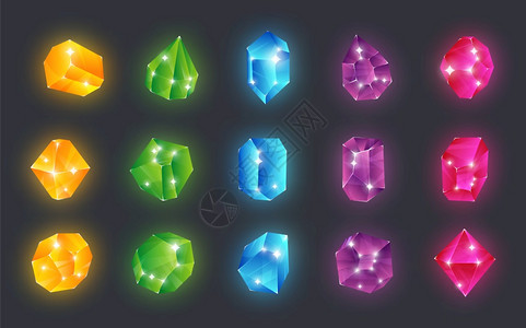 卡通宝石闪亮的珠粉红绿色黄和蓝钻石装饰元素收集清晰的玻璃精华神奇物品计算机电子游戏的矢量晶体黄色和蓝钻石装饰元素光亮的玻璃精华计图片