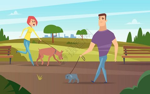 步行的宠物在公园外游走或骑着狗活动病媒背景的物快乐所有者与狗一起行走的人宠物友谊图示步行的在公园外游走的动物快乐所有者在公园外游图片