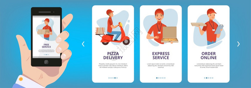 在线披萨和快速服务提供插图上岸屏幕互联网络卡框架布局应用程序于食物比萨在线订单矢量模板收集互联网卡框架布局应用程序于食物比萨在线图片