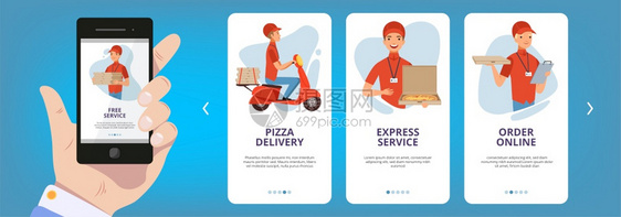 在线披萨和快速服务提供插图上岸屏幕互联网络卡框架布局应用程序于食物比萨在线订单矢量模板收集互联网卡框架布局应用程序于食物比萨在线图片