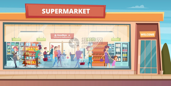 超级市场外观在产品超市杂货食店购物的人有男买家和女病媒背景超市和级有人插图的购物商店超市外观在产品超市杂货食店购物的人有男买家和图片