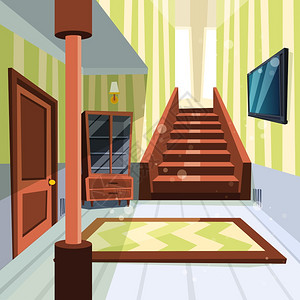 室内有楼梯和储藏室矢量漫画插图的室内光走廊大厅家庭公寓楼梯图片