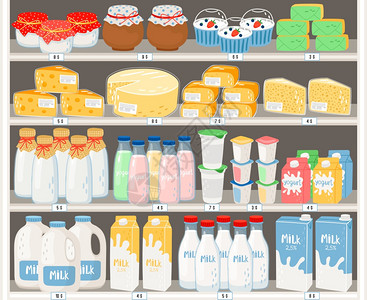 超市货架上的乳制品卡通矢量插画高清图片
