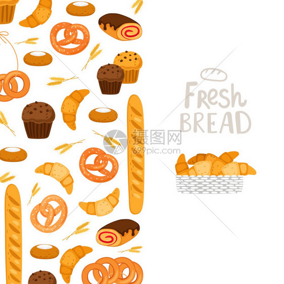 面包横幅模板矢量糕点新鲜面包松饼插图新鲜面包和蛋糕羊角面包早餐和蛋糕图片