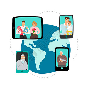 家庭视频聊天全球网络通信矢量概念家庭视频通信说明互联网技术在线谈话图片