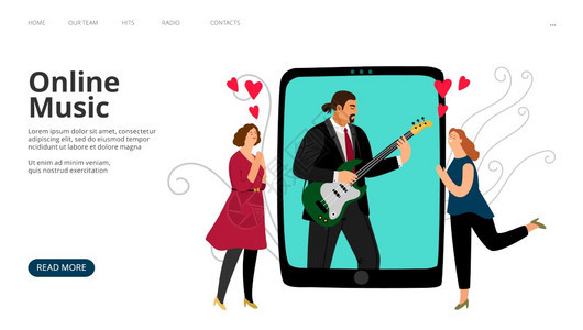 Onlline音乐应用网页玩吉他和风扇的矢量人移动无线电应用程序着陆网页络音乐电话互联网技术在线媒体图解图片
