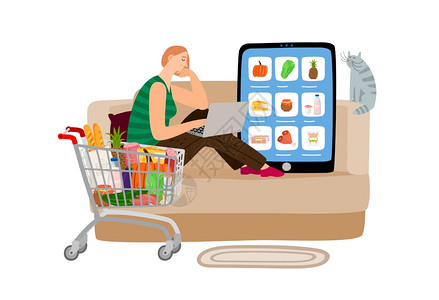 网上超市女孩从家里订购食物杂货店应用程序病媒概念网上超市图片
