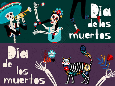 DiadelosMuertos公寓式矢量贺卡模板墨西哥和班牙传统的节日庆祝标语布局收藏政党邀请卡通设计包日者贺卡模板公寓式矢量贺图片