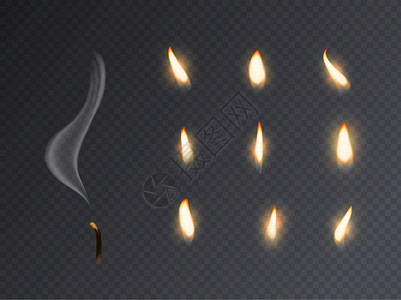 蜡烛火焰现实的光点燃用烟熄灭的蜡烛灯点燃为动画图片收集的3d蜡烛灯光和Varios火焰在透明背景上隔离的封闭矢量蜡烛火焰现实的光图片