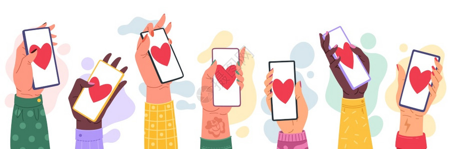 与手机分享爱与心脏显示的约会应用程序伴侣搜索移动技术远程浪漫关系获得社交媒体流卡通矢量的类似功能与手机分享爱与心脏显示的约会应用图片