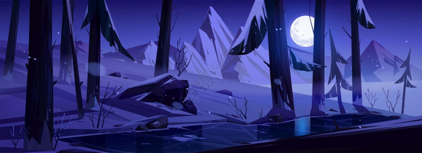 冬季夜间森林和月亮图片