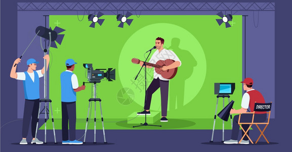 Singinging显示半平板矢量插图新的电视系列先锋团队媒体娱乐弹吉他和唱2D卡通人物供商业使用Singing显示半平板矢量插图片