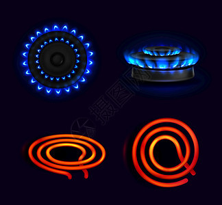 热板燃烧的煤气炉灶和电线圈蓝色火焰和红电动螺旋顶部和侧面视图厨房烧炉烤孤立的发光现实3D矢量板热燃烧的煤气炉和电线圈图片