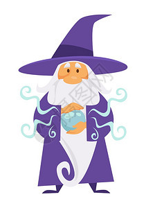 魔法与水晶球一起行动孤立的男向媒介魔术工具和法或神秘中世纪拼法术士梅林男长胡子老人童话或魔术和水晶球孤立的童话图片