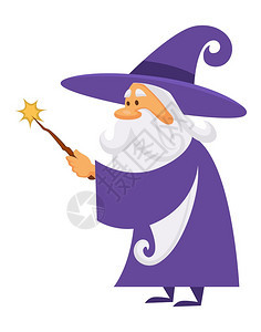 拿着魔杖与星术师和巫隔离的格矢量长袍和魔杖的术中世纪拼法的梅尔林男巫帽子和盾牌神秘魔术师或巫与杖的或图片
